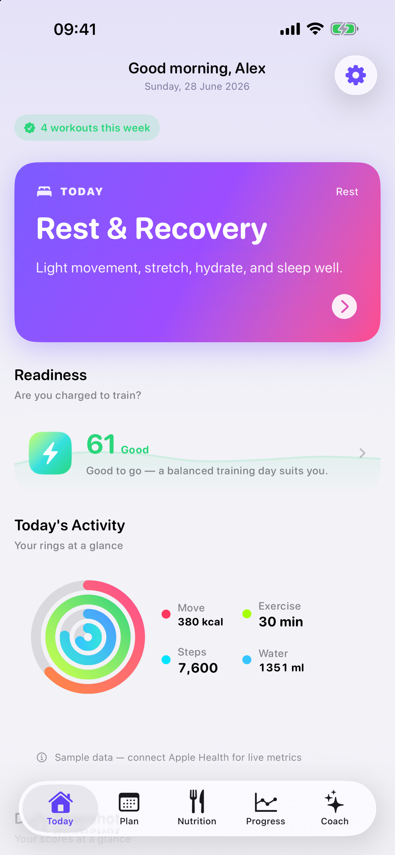 Ardenta Today dashboard on iPhone showing Body Battery readiness, an AI coach tip and activity rings