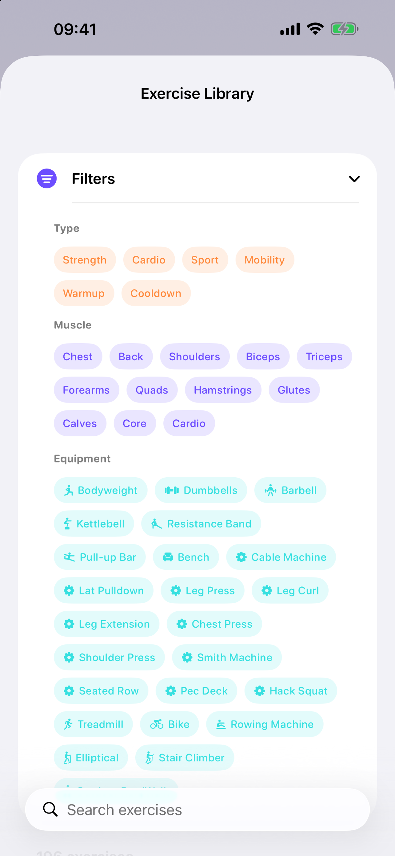 Exercise library filters by type, muscle and equipment