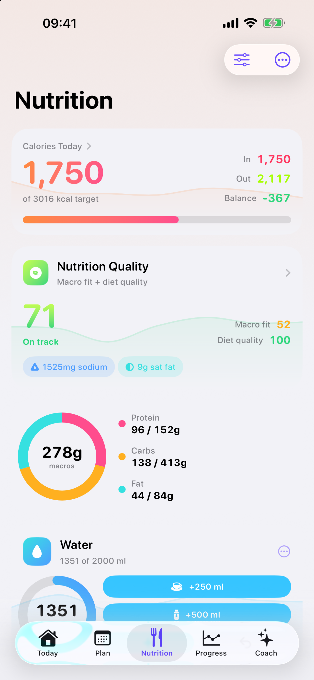 Nutrition screen with calorie breakdown, macro ring and water tracking