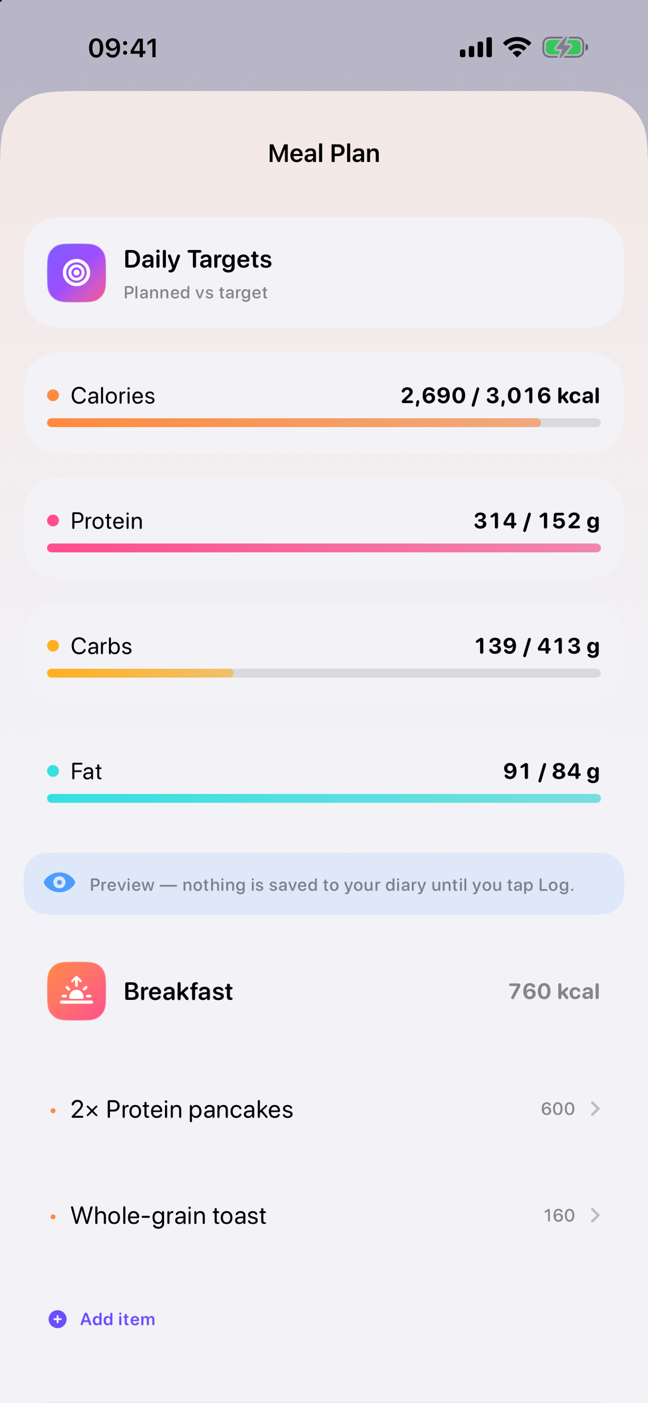 AI meal plan with daily targets and a sample breakfast