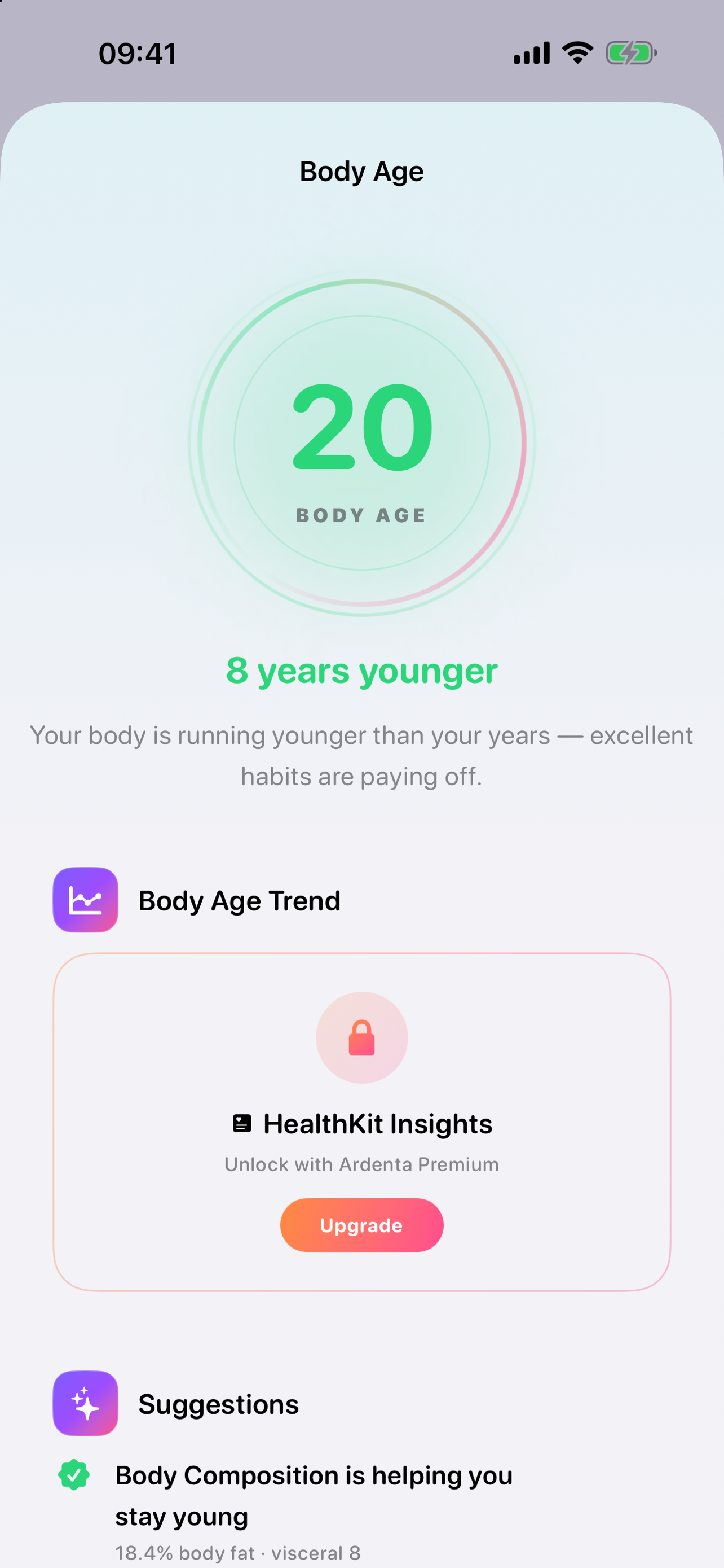 Body Age screen showing a body age younger than calendar age with suggestions