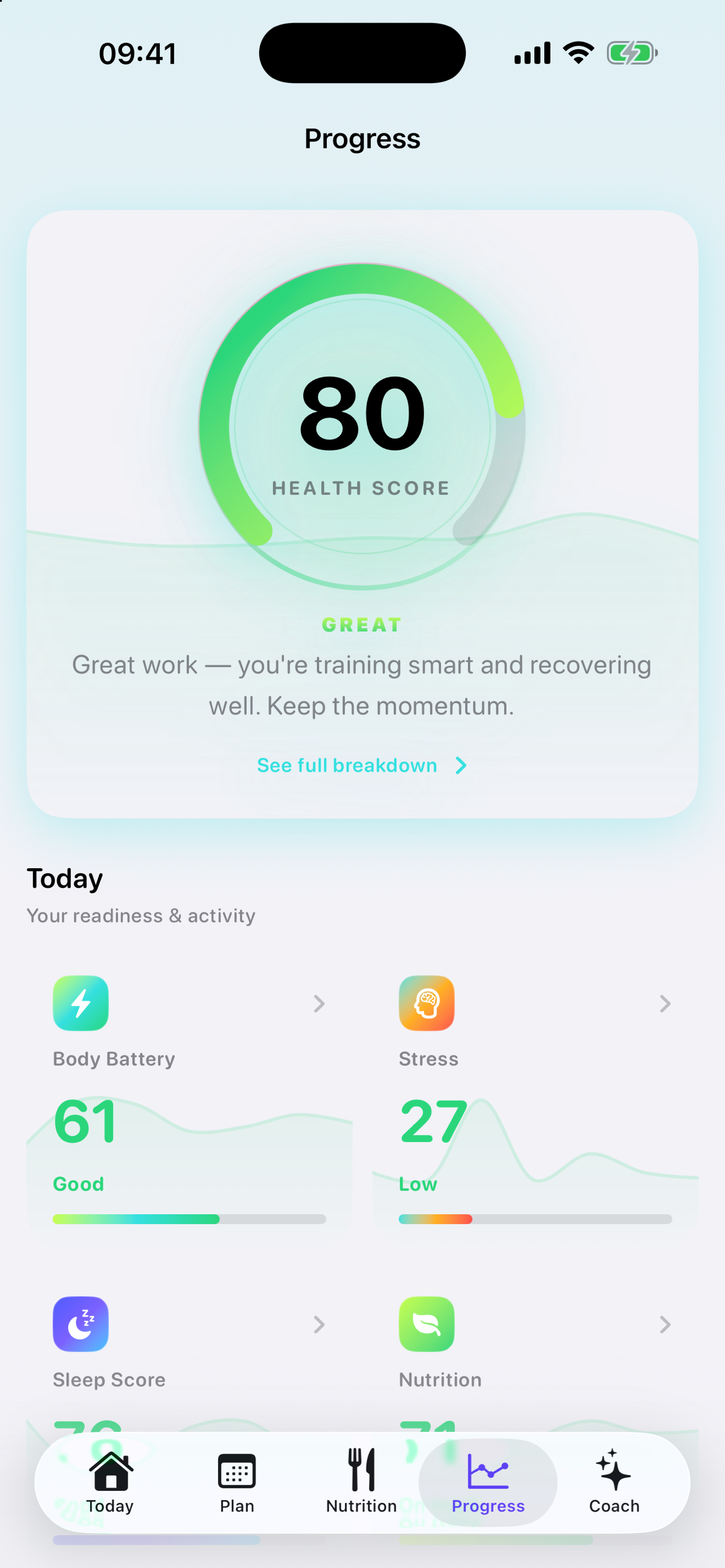 Progress screen showing Health Score, Body Battery and Stress
