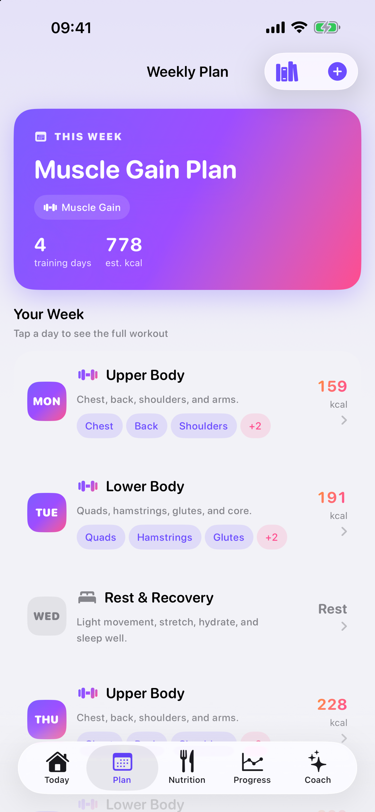 Weekly workout plan with training days and per-day muscle focus