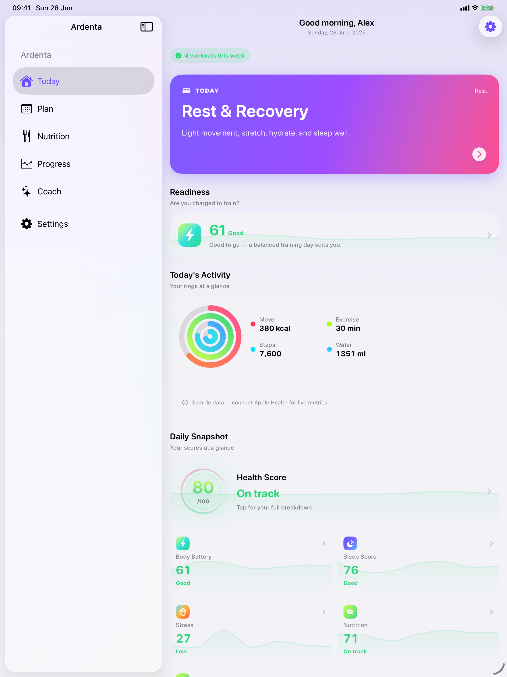 Ardenta on iPad showing the sidebar and home dashboard