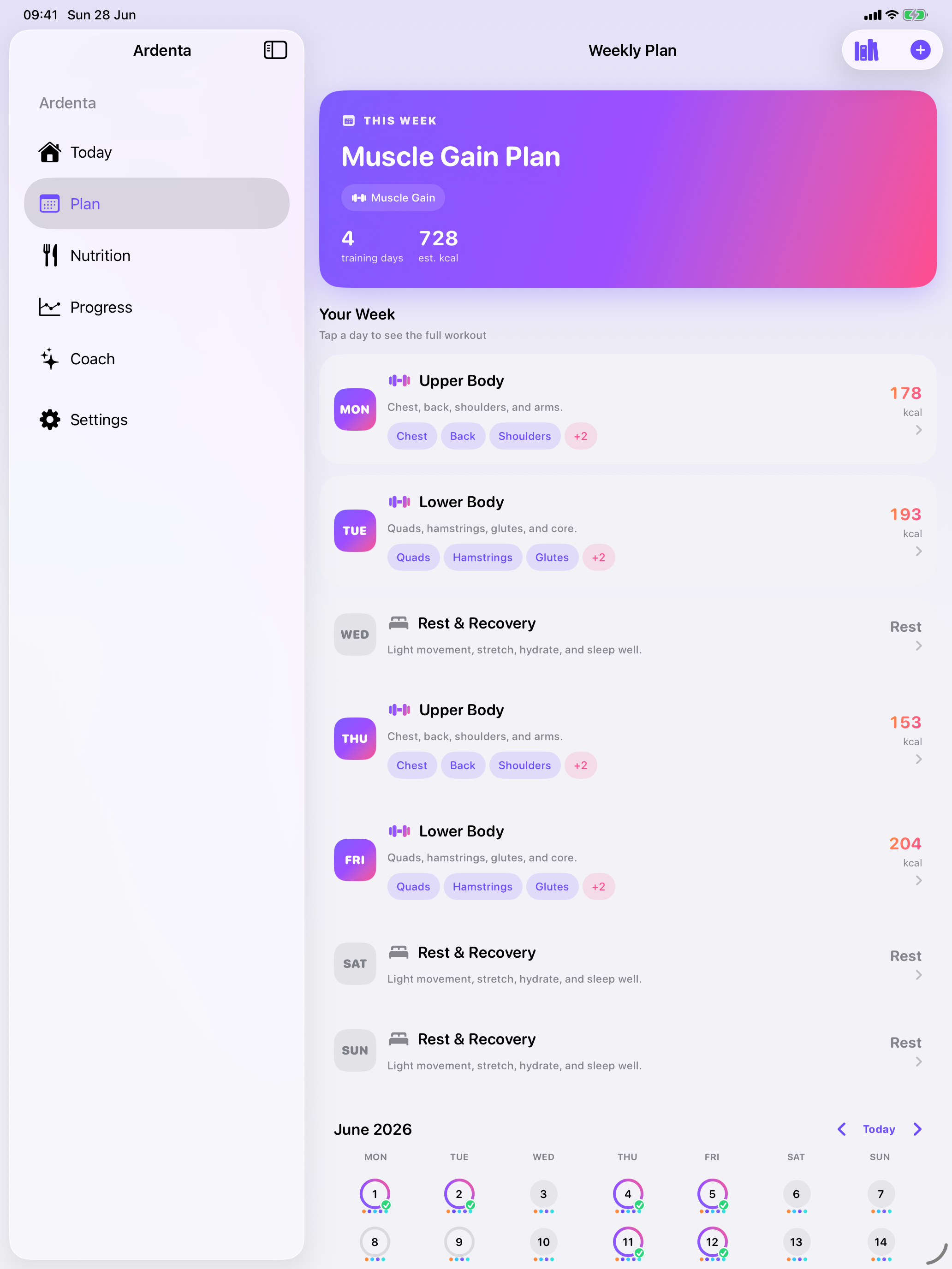 Weekly workout plan on iPad